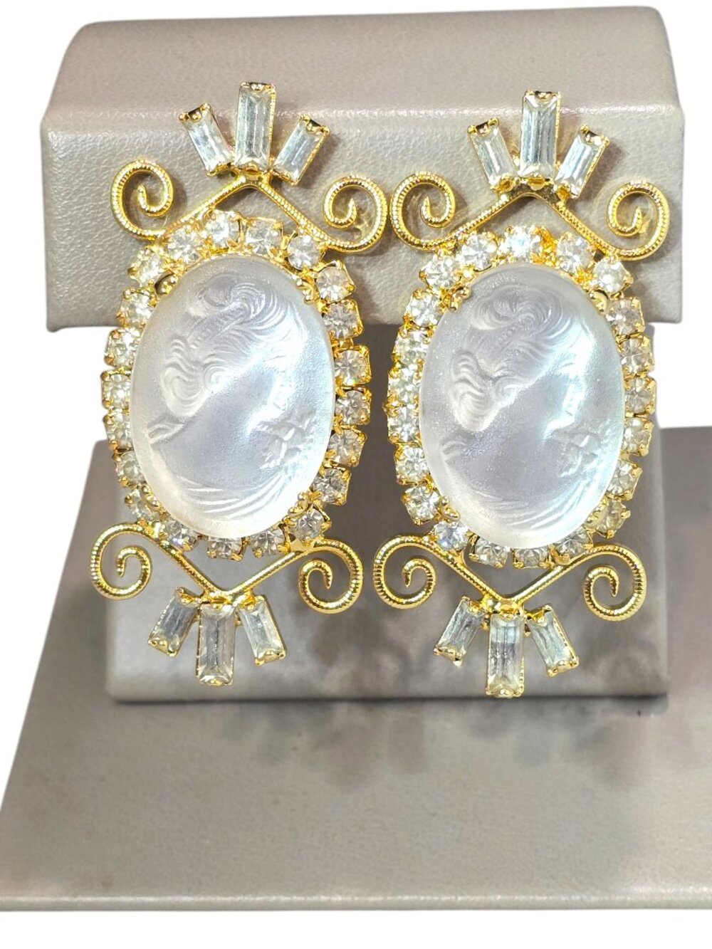 Vintage Marie Ferra Gold Pated White Crystal Statement Cameo Earrings